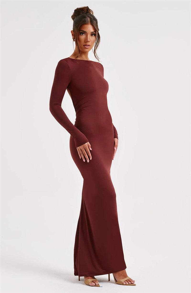 Natalie Backless Ruched Bodycon Maxi Dress