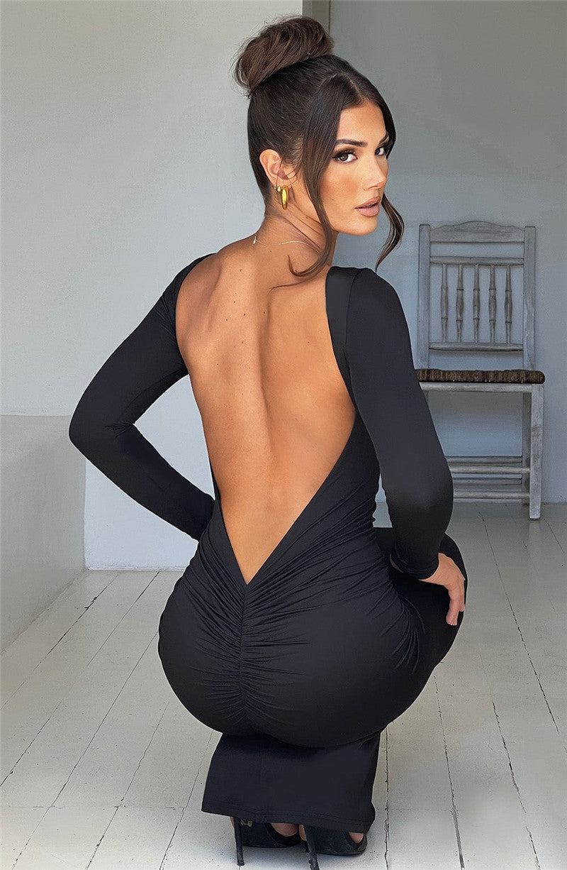 Natalie Backless Ruched Bodycon Maxi Dress