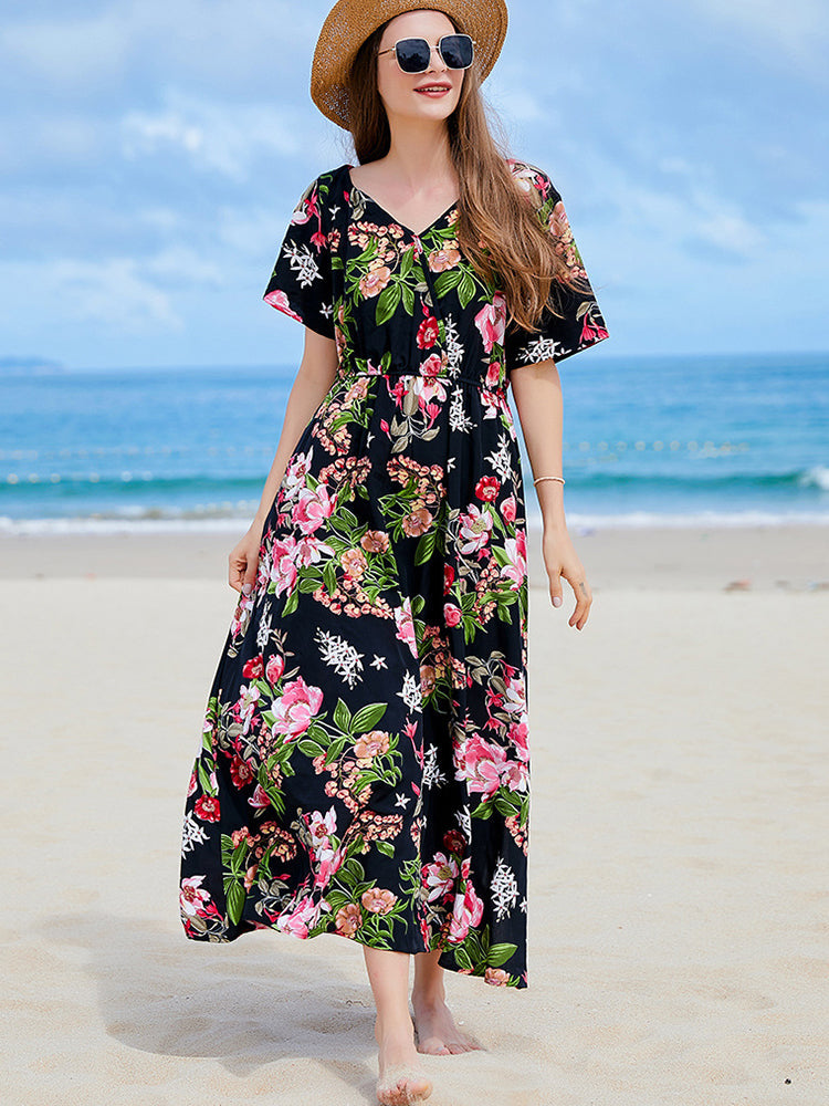 Lillian Floral Casual Slit Big Hem V Neck Maxi Dress