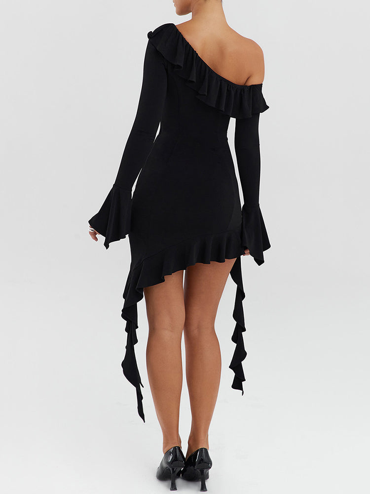 Nancy Diagonal Collar Ruffled Sexy Mini Dress