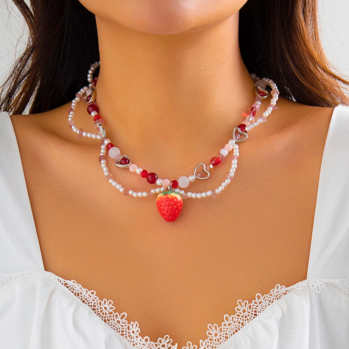 Rose Chain Strawberry Pendant Necklace