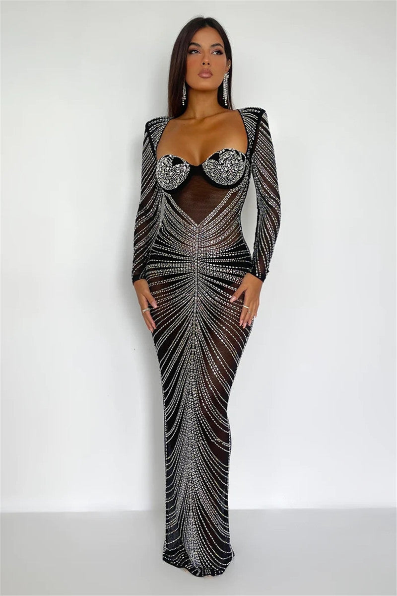 Helena Glitter Mesh See Through Party Maxi Dress