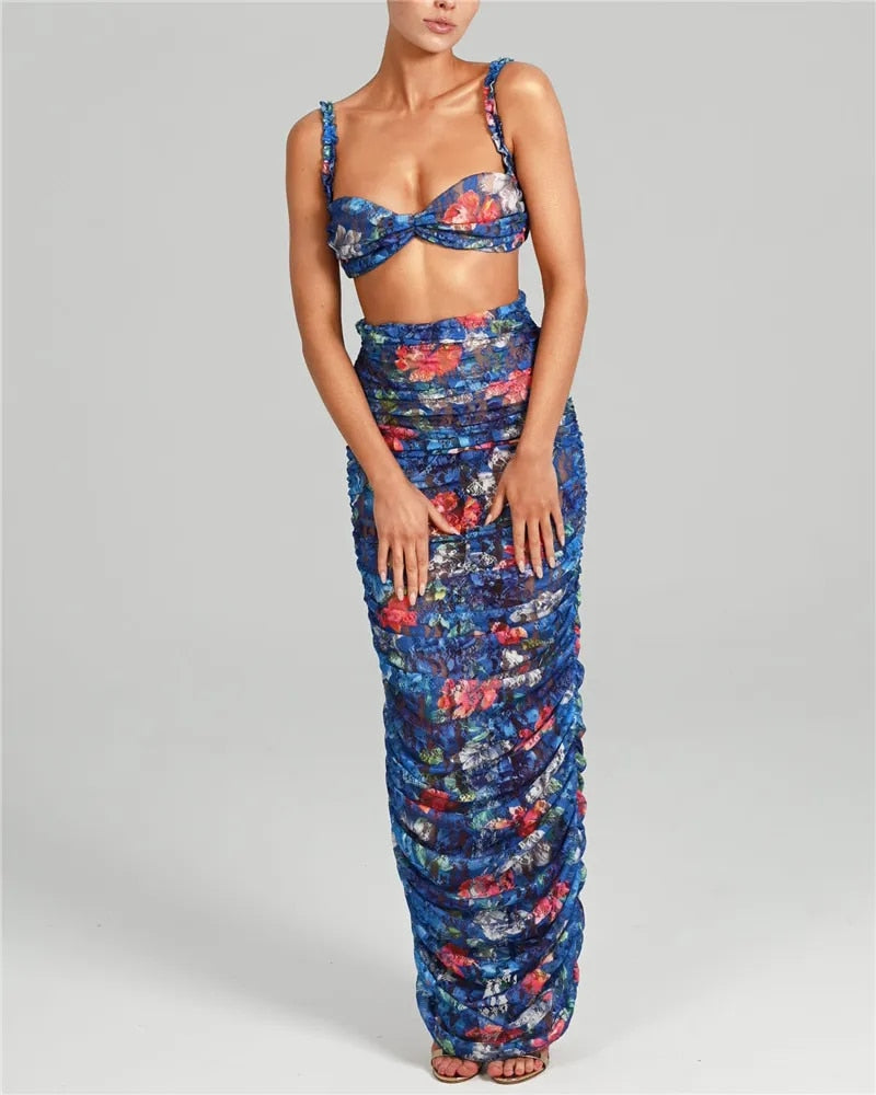 Andrea Strapless Ruched Print Sexy Top And Skirt Set