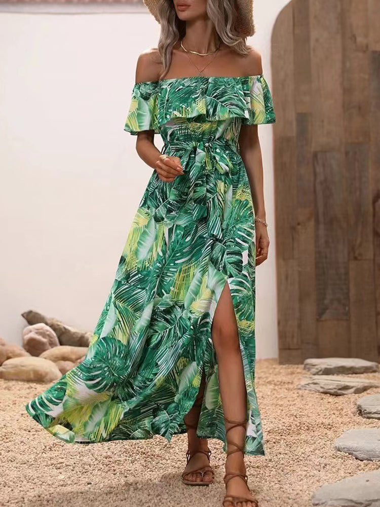 Angela Backless Off Shoulder Slit Boho Maxi Dress