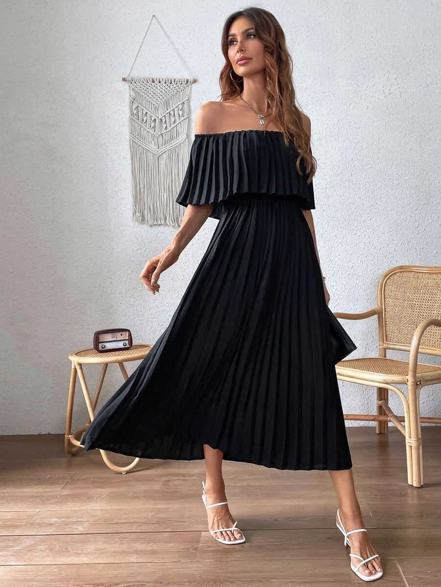 Adriana Pleated Backless Off Shoulder Long Dress