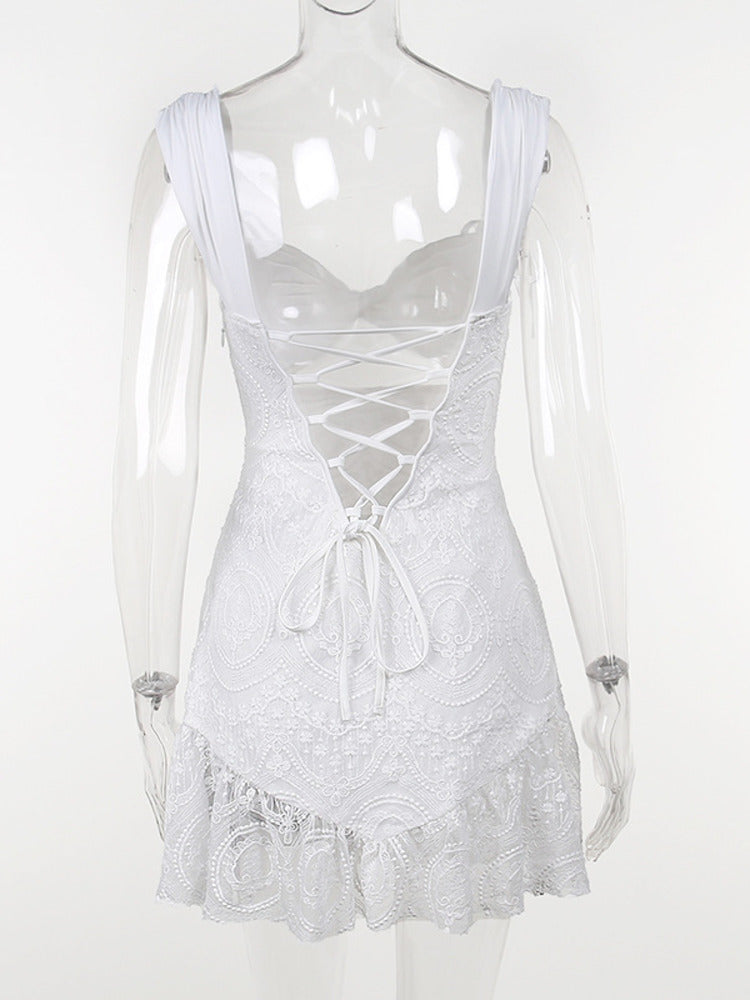 Monica White Embroidered Lace Ruffled Mini Dress