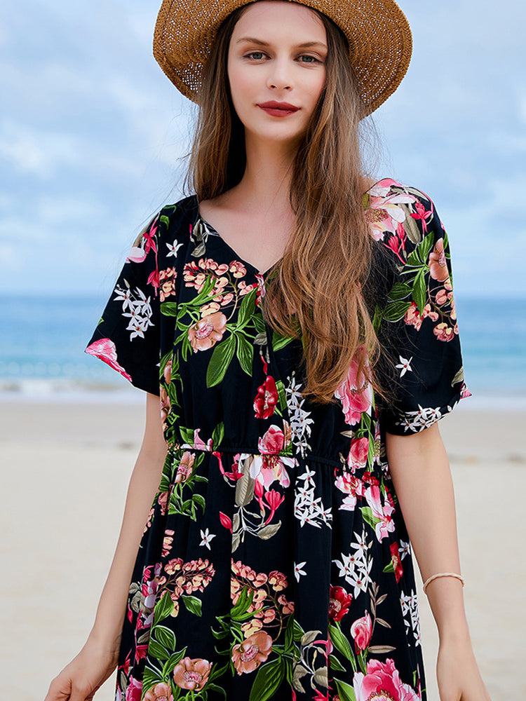 Lillian Floral Casual Slit Big Hem V Neck Maxi Dress