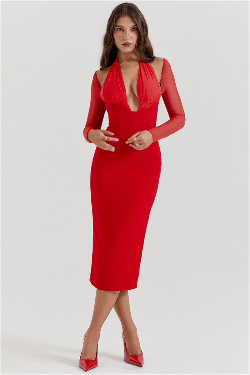 Molly Halter Deep V Neck Sexy Midi Dress