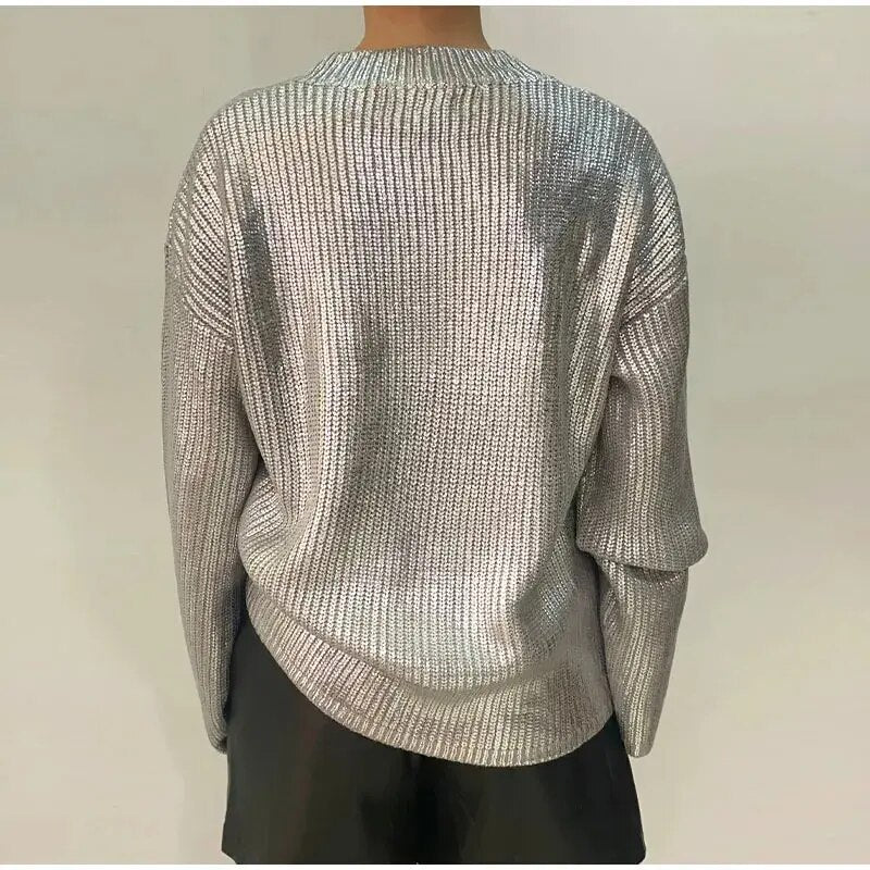 Rose V Neck Shiny Metallic Color Knit Women Sweater