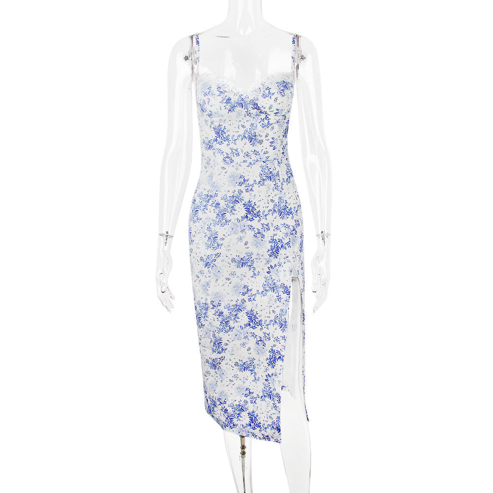 Nancy Blue Print Split Midi Dress