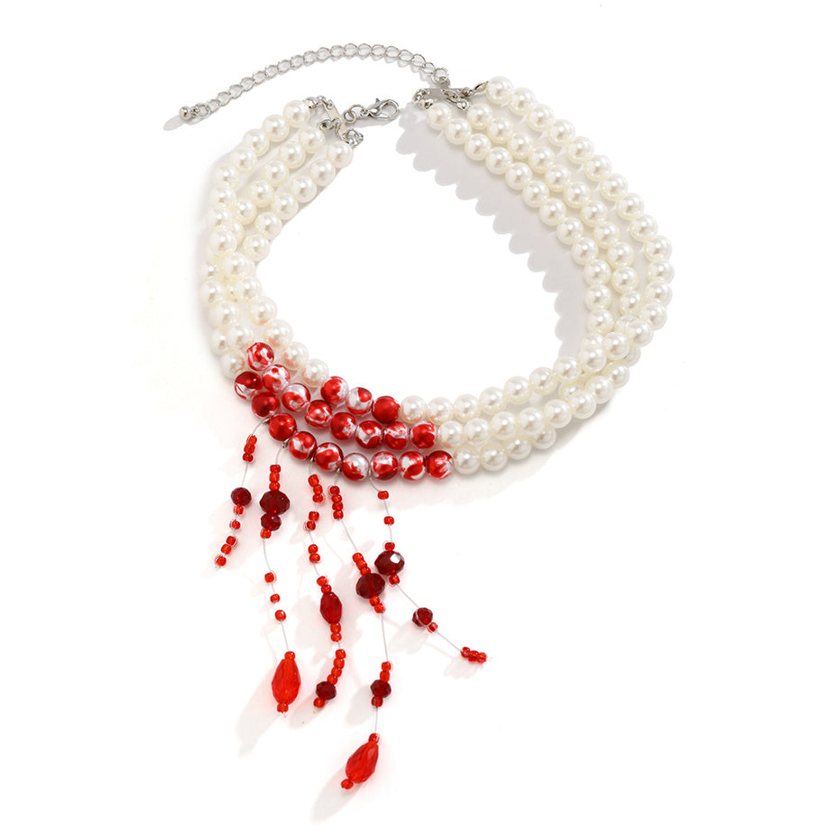 Beatrice Red Blood Pattern Pearl Tassel Pendant Necklace