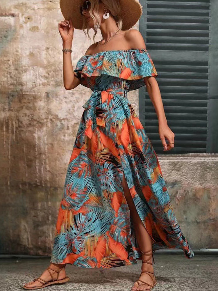 Angela Backless Off Shoulder Slit Boho Maxi Dress