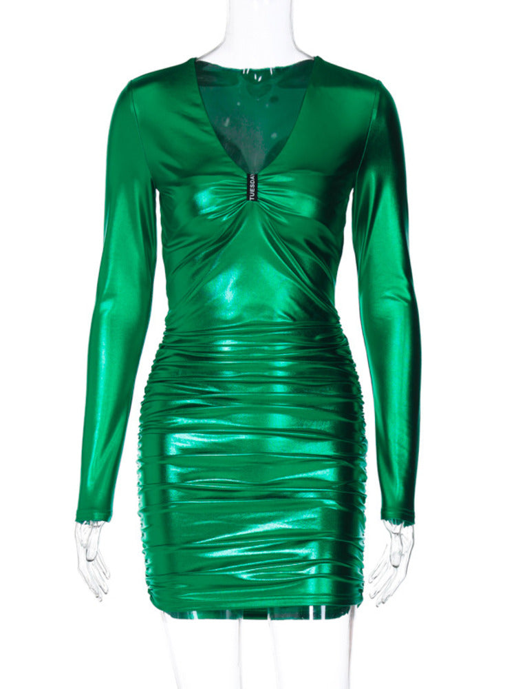 Lauren Green V Neck Long Sleeve Sexy Mini Dress