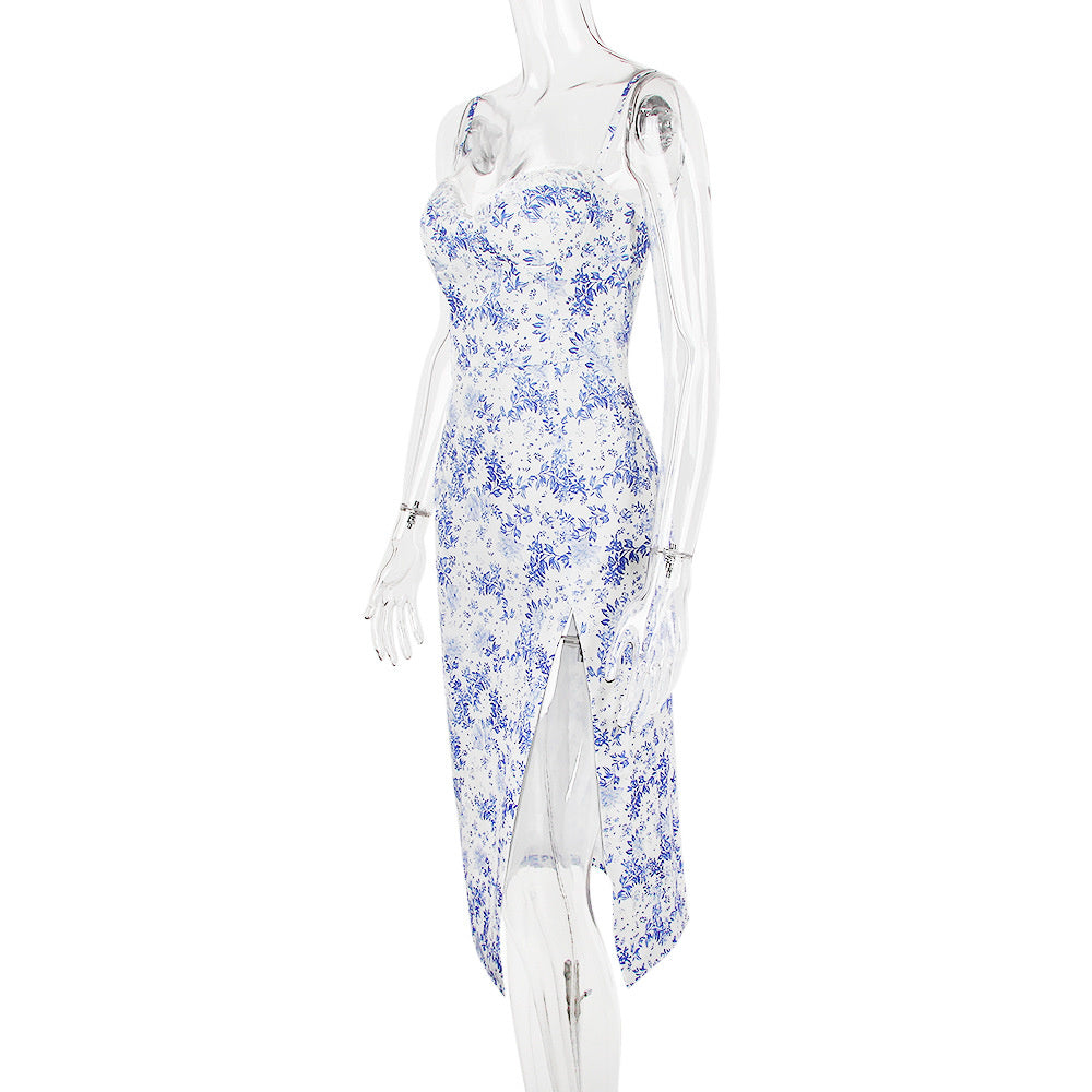 Nancy Blue Print Split Midi Dress