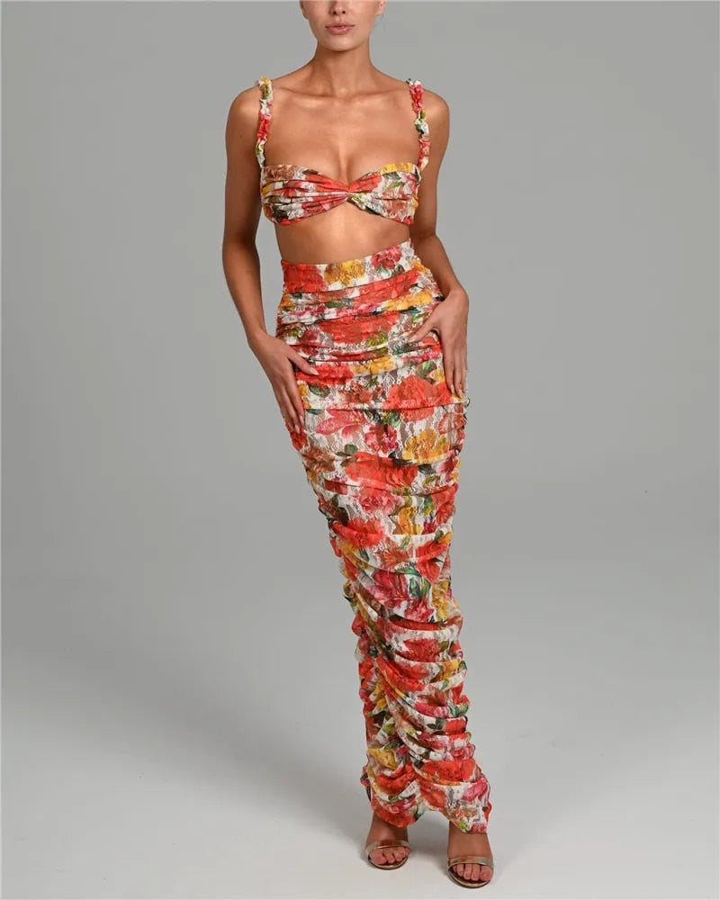 Andrea Strapless Ruched Print Sexy Top And Skirt Set