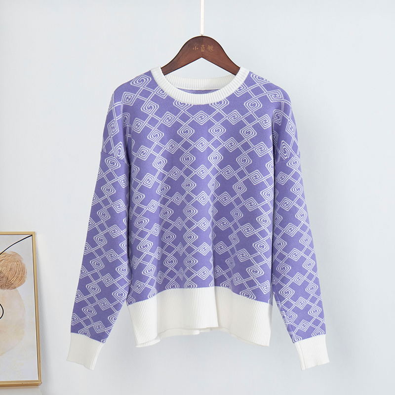 Adrianne Plaid Long Sleeve Oversize Knitted Women Pullover