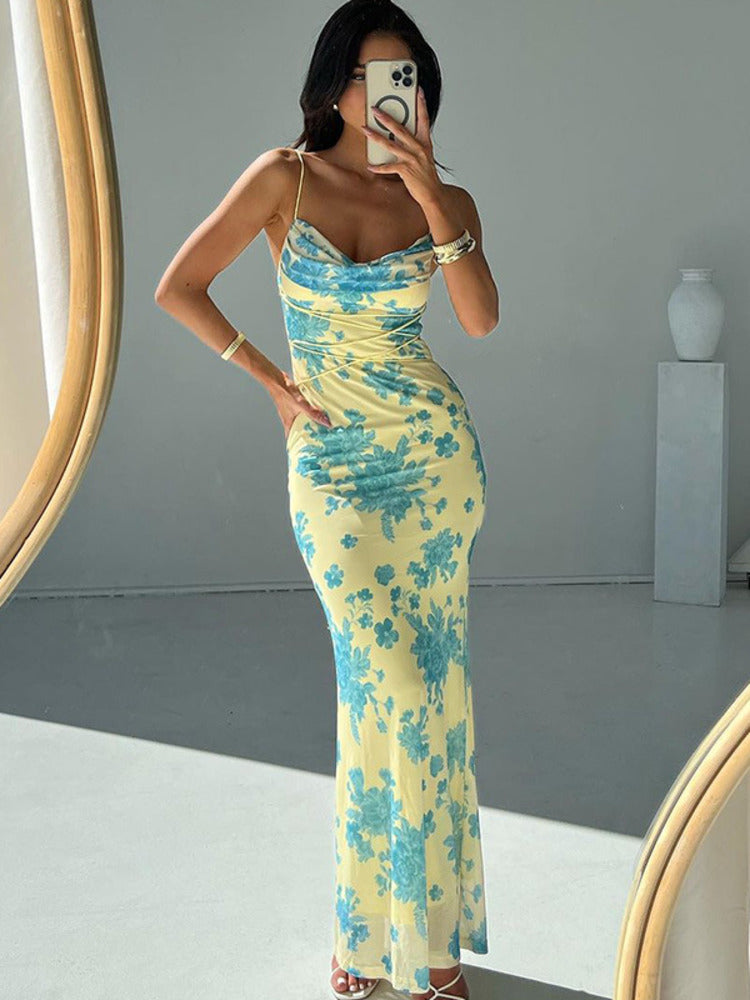 Alexandra Spaghetti Strap Backless Print Maxi Dress