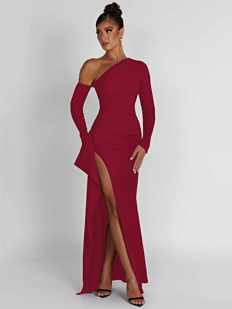 Jenna Oblique Shoulder Thigh High Split Maxi Dress