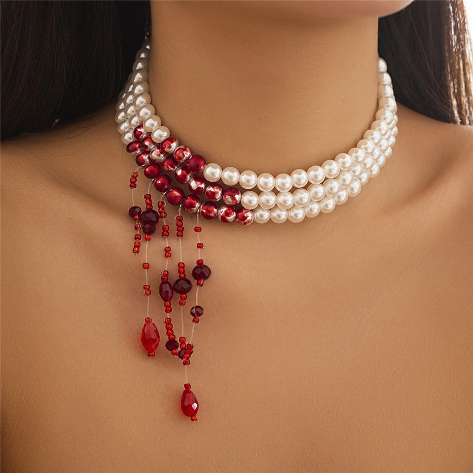 Beatrice Red Blood Pattern Pearl Tassel Pendant Necklace