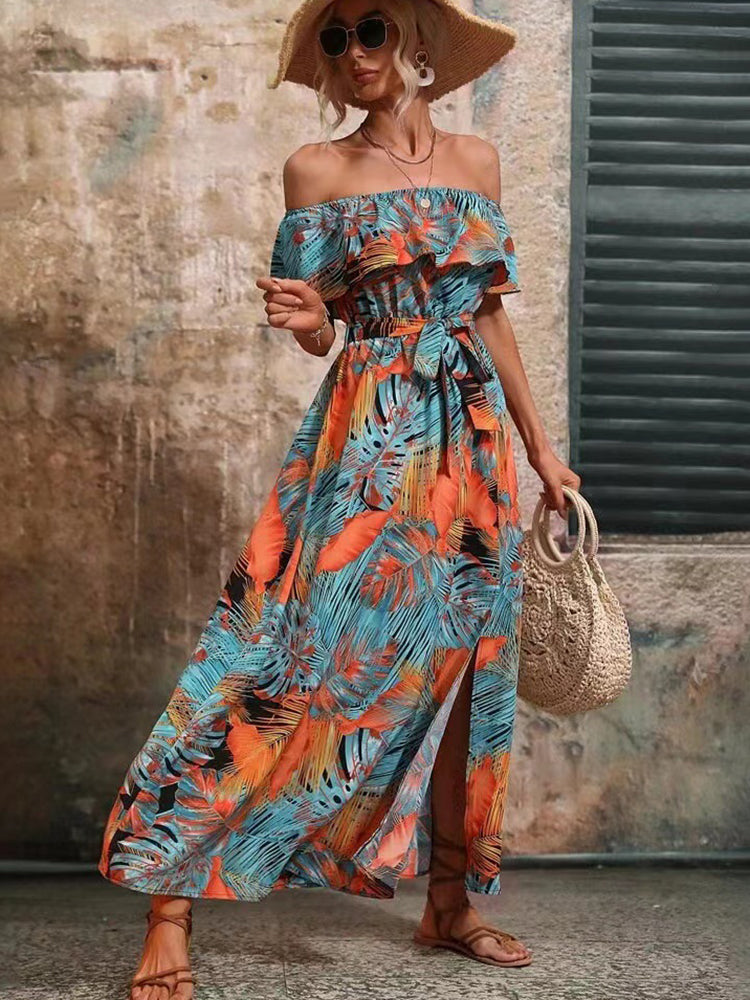 Angela Backless Off Shoulder Slit Boho Maxi Dress