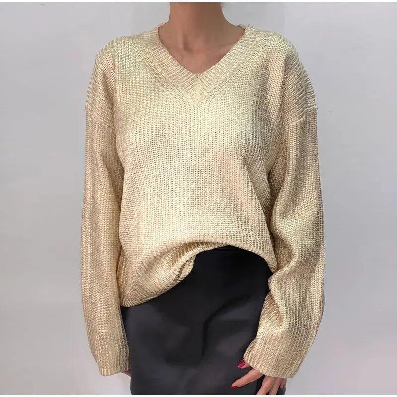 Rose V Neck Shiny Metallic Color Knit Women Sweater