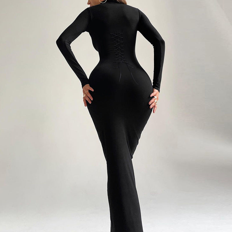 Jenna Black Lace-up Long Sleeve Maxi Dress