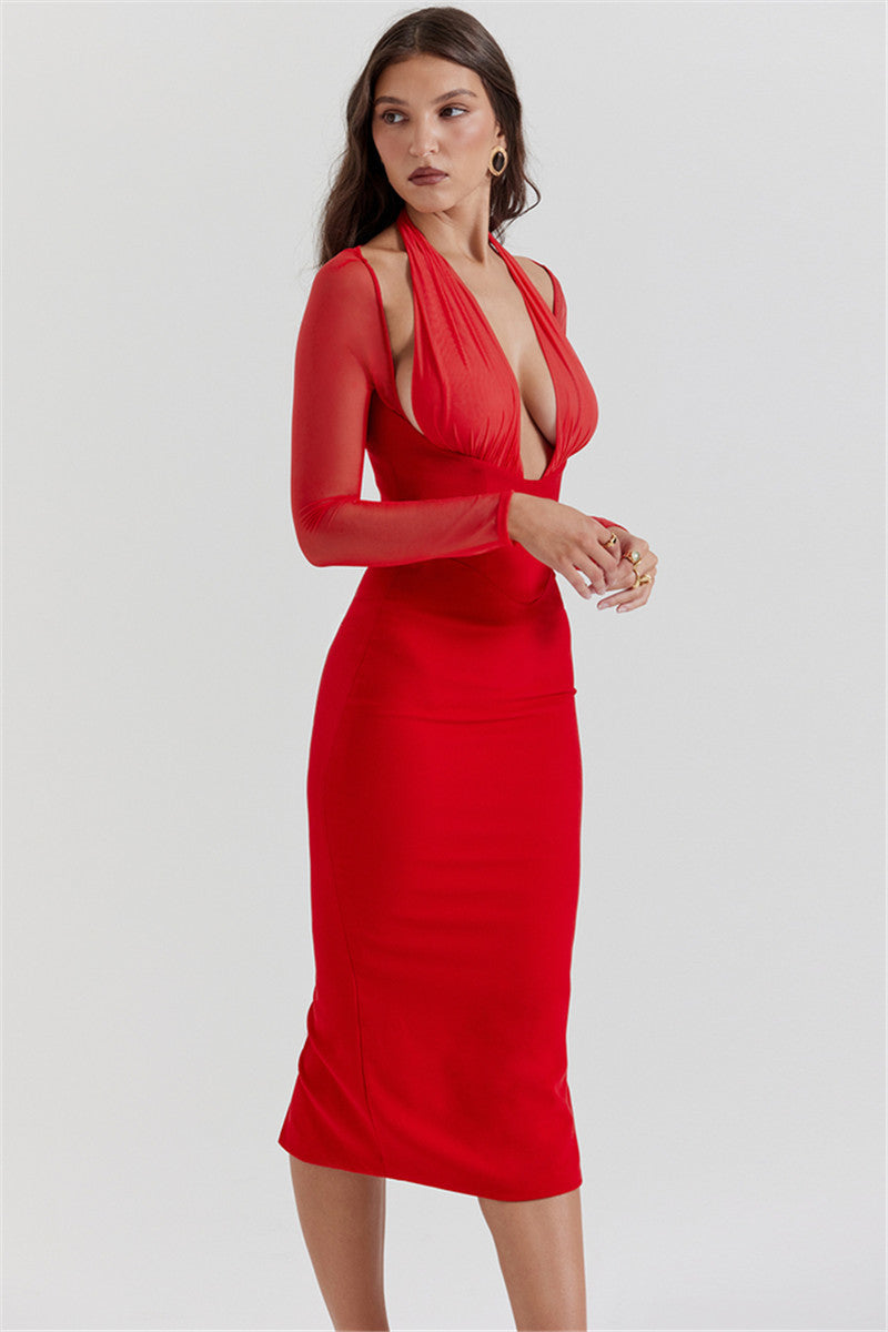 Molly Halter Deep V Neck Sexy Midi Dress