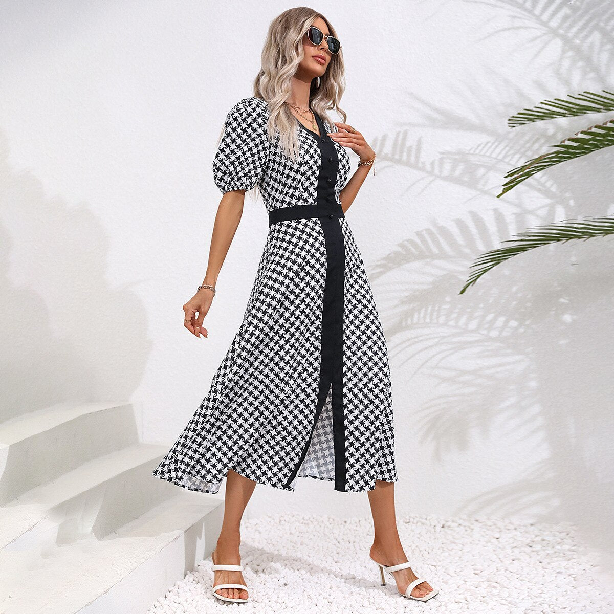 Janice Summer Casual Puff Sleeve Slit Midi Dress