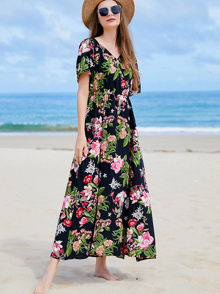 Lillian Floral Casual Slit Big Hem V Neck Maxi Dress