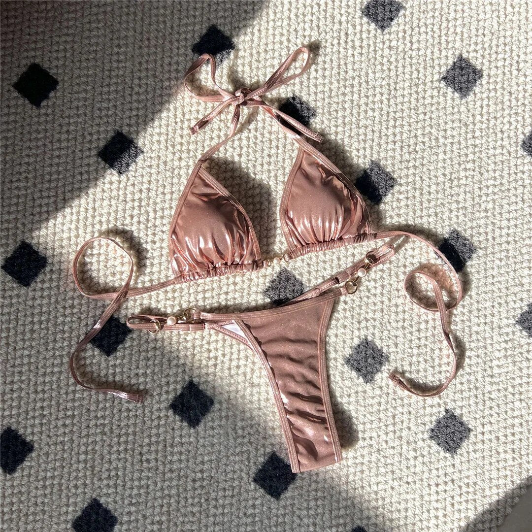 Jamie PU Faux Leather Halter Mini Thong Bikini