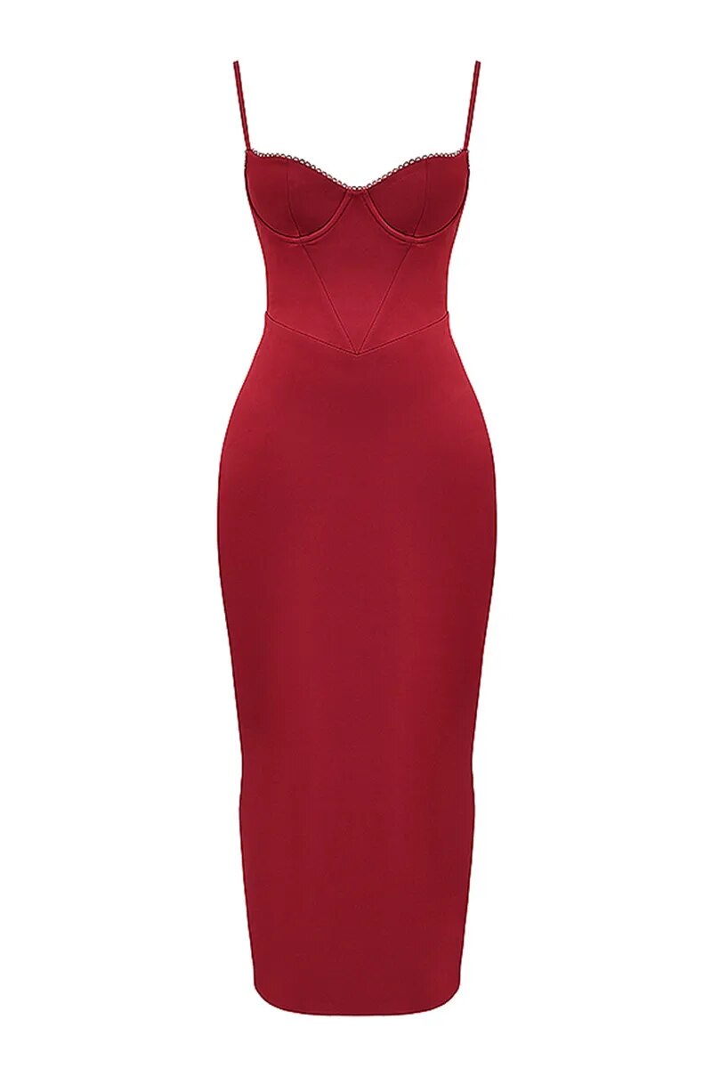 Rose Satin Spaghetti Strap Backless Bodycon Maxi Dress