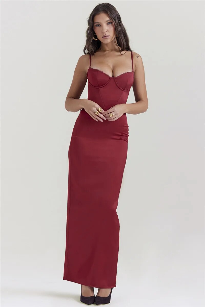 Rose Satin Spaghetti Strap Backless Bodycon Maxi Dress