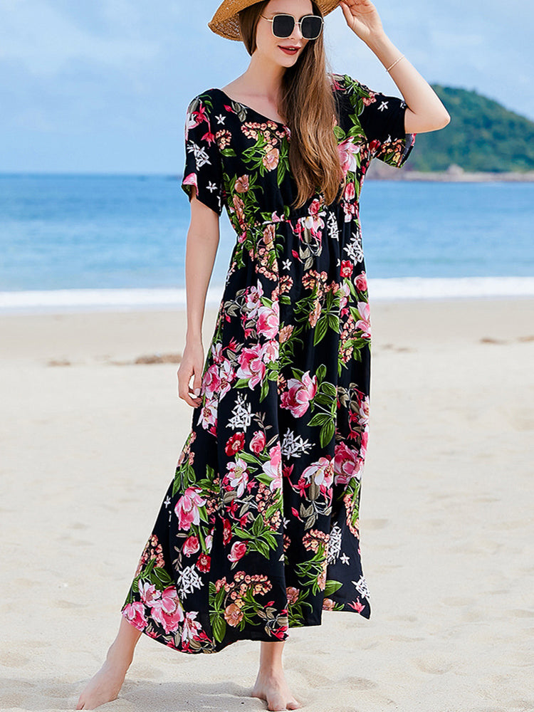 Lillian Floral Casual Slit Big Hem V Neck Maxi Dress