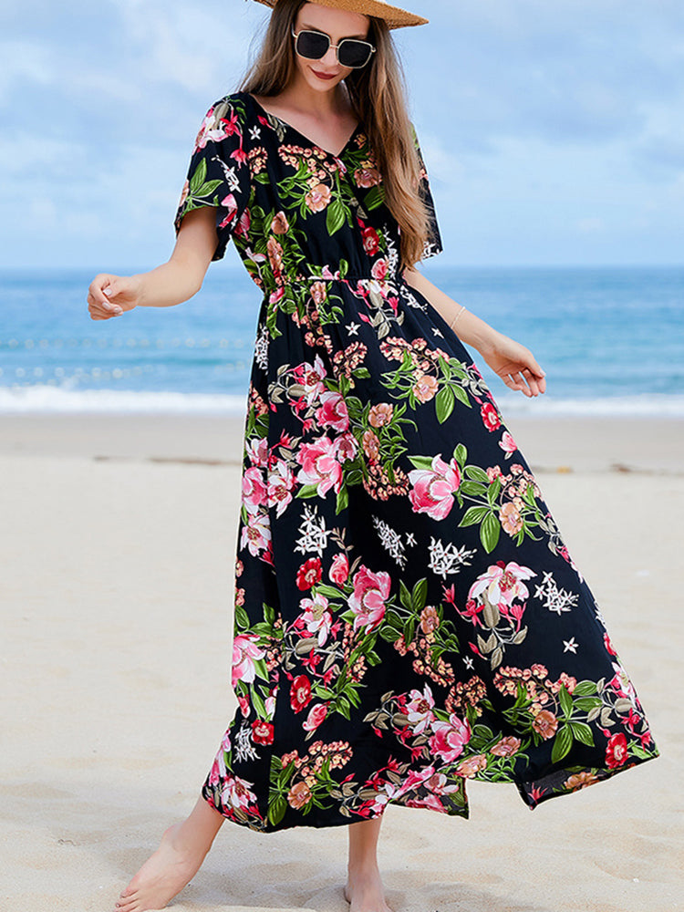 Lillian Floral Casual Slit Big Hem V Neck Maxi Dress