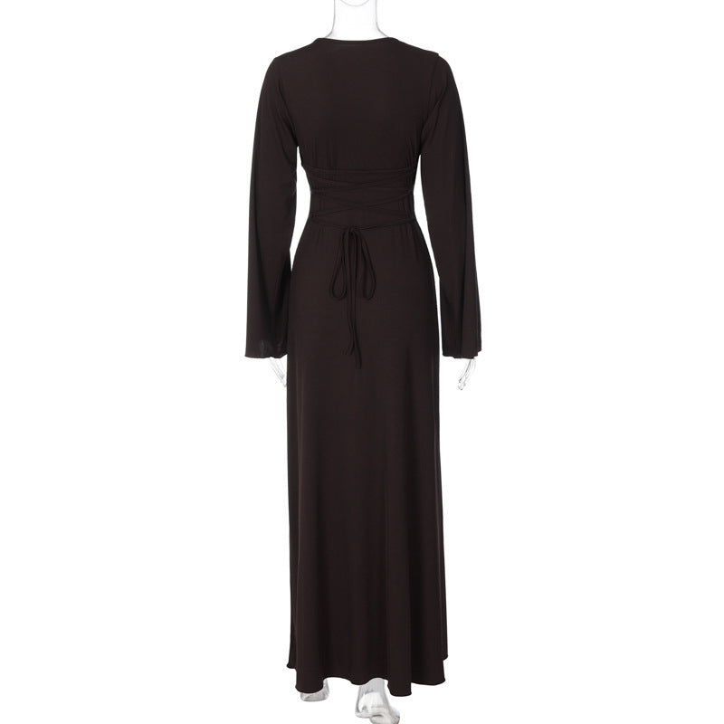 Penelope Ribbed Lace-up Long Sleeve Maxi Dress