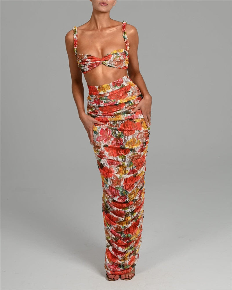 Andrea Strapless Ruched Print Sexy Top And Skirt Set