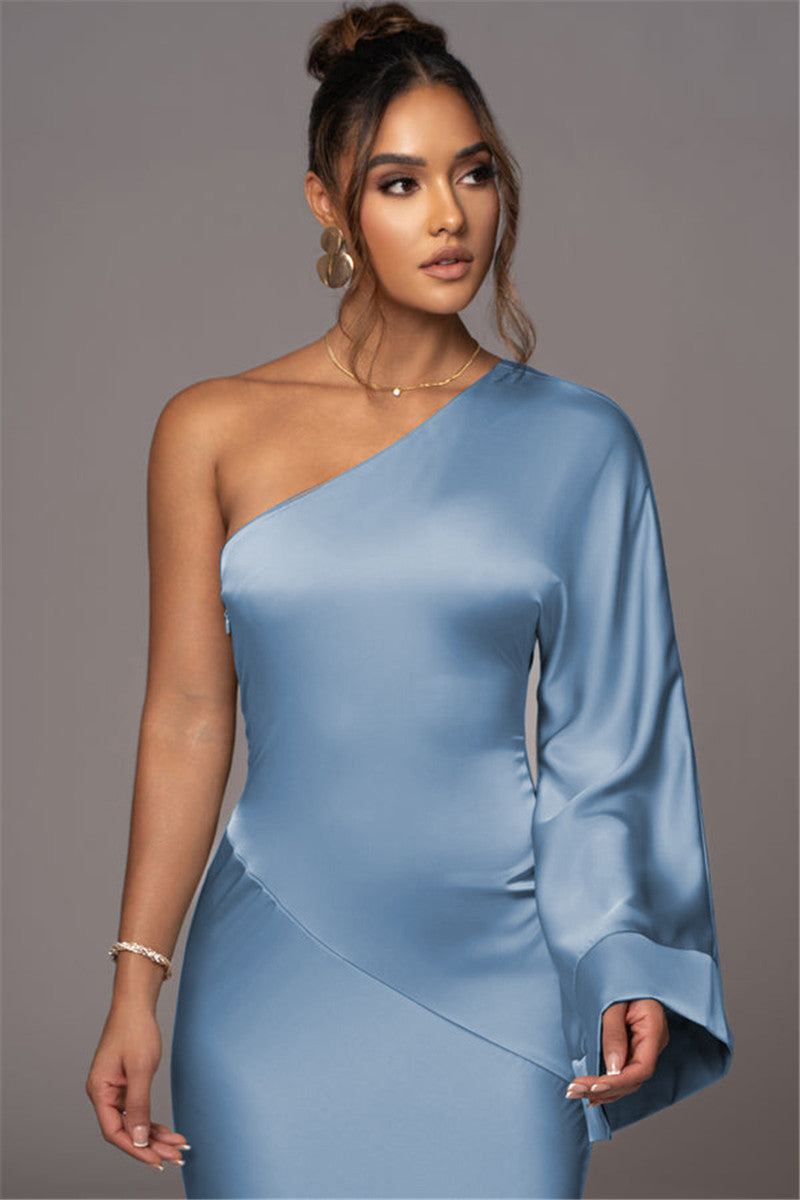 Janet Satin One Shoulder Sexy Maxi Dress