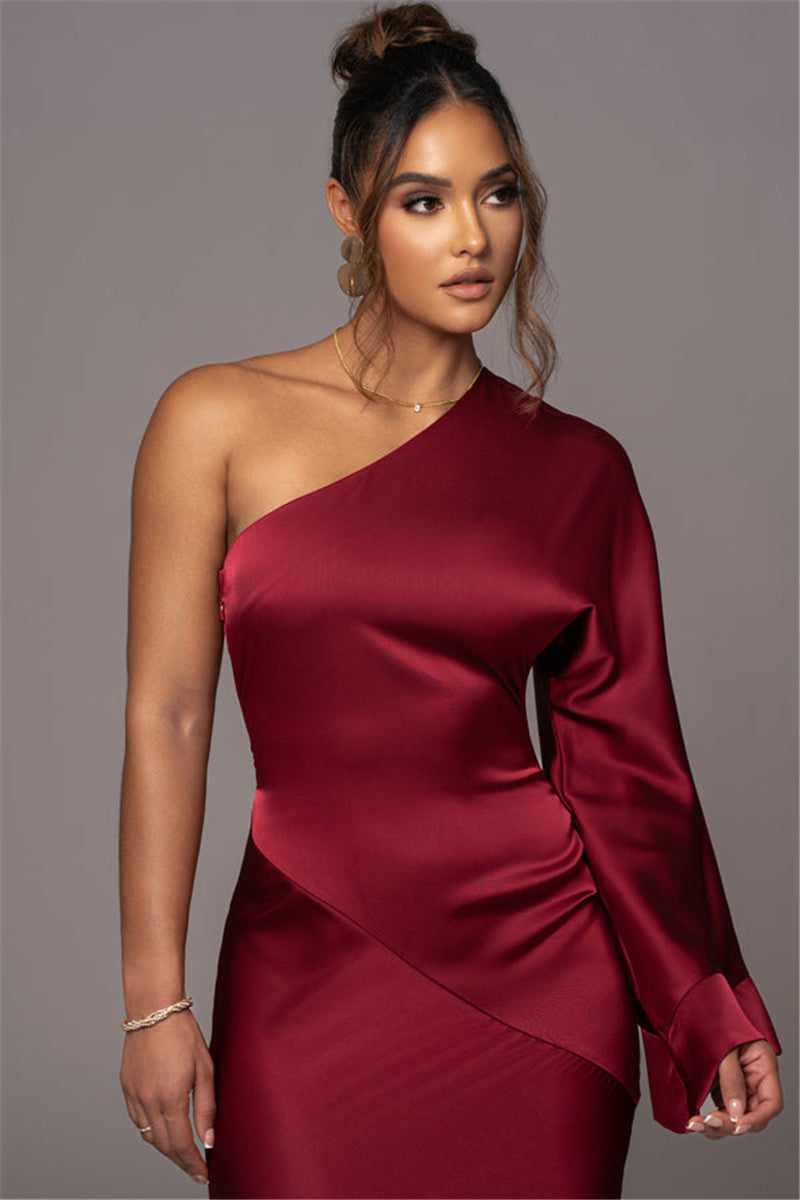 Janet Satin One Shoulder Sexy Maxi Dress