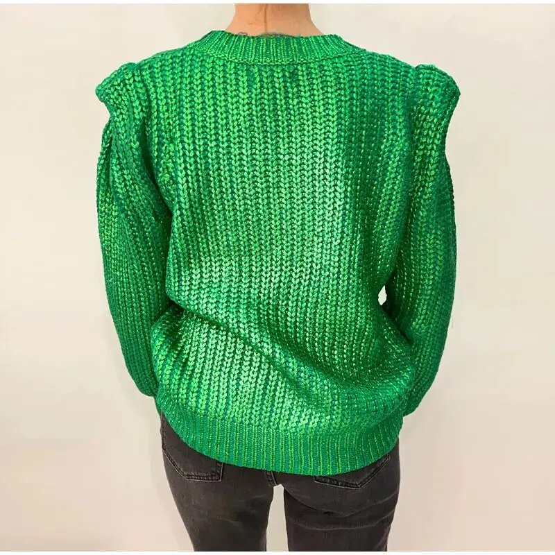 Mary O Neck Shiny Metallic Color Knit Women Sweater