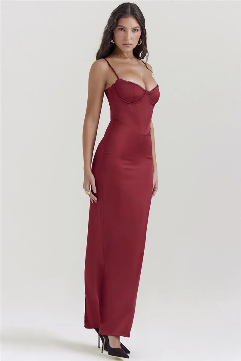 Rose Satin Spaghetti Strap Backless Bodycon Maxi Dress