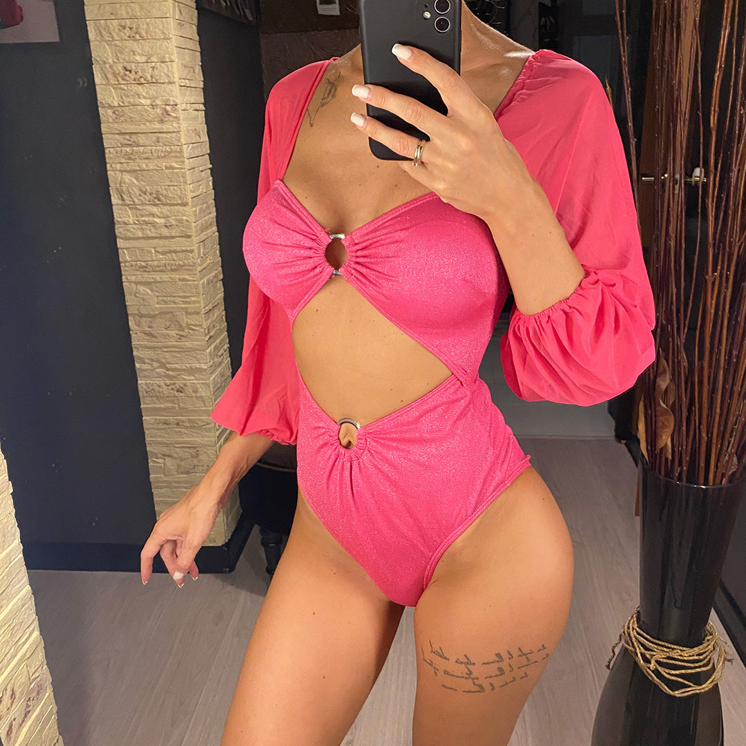 Rita Tummy Cut Out Glitter Sparkling Long Sleeve One Piece Swimsuit