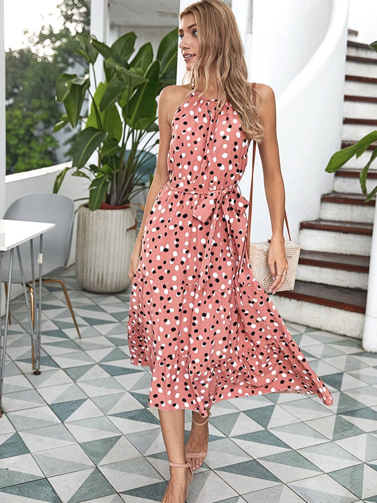 Priscilla Summer Polka-Dot Long Dress