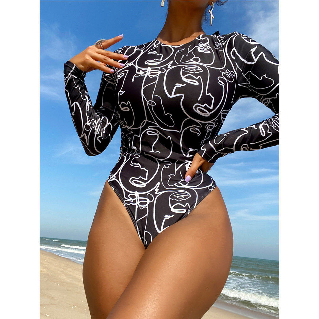 Dana Printed Long Sleeve Backless One Piece Swimsuit