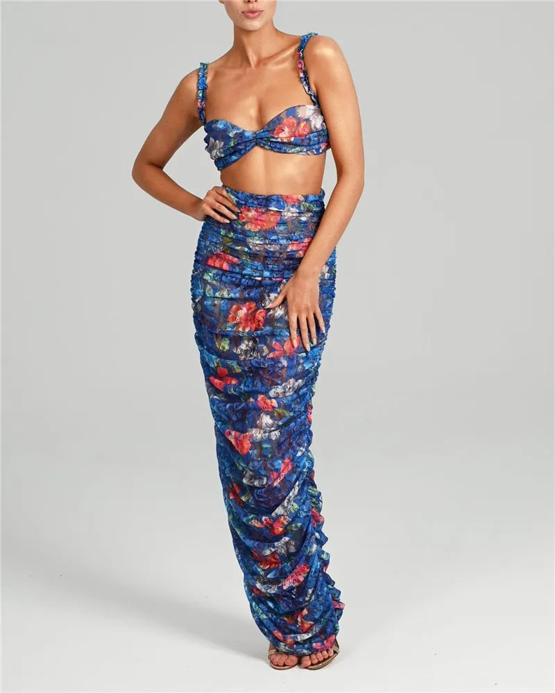 Andrea Strapless Ruched Print Sexy Top And Skirt Set