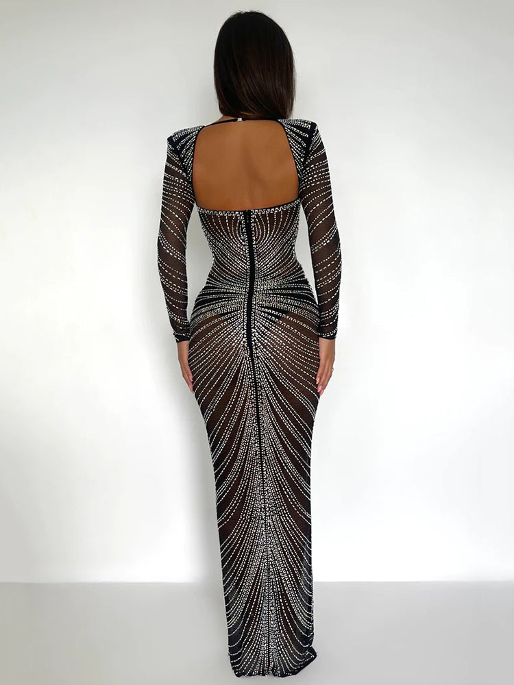 Helena Glitter Mesh See Through Party Maxi Dress