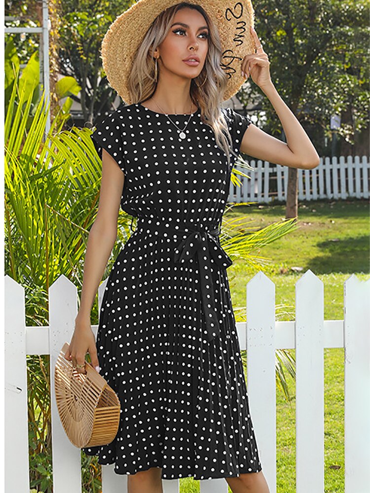 Jessie Summer Polka Dot Short Sleeve Midi Dress