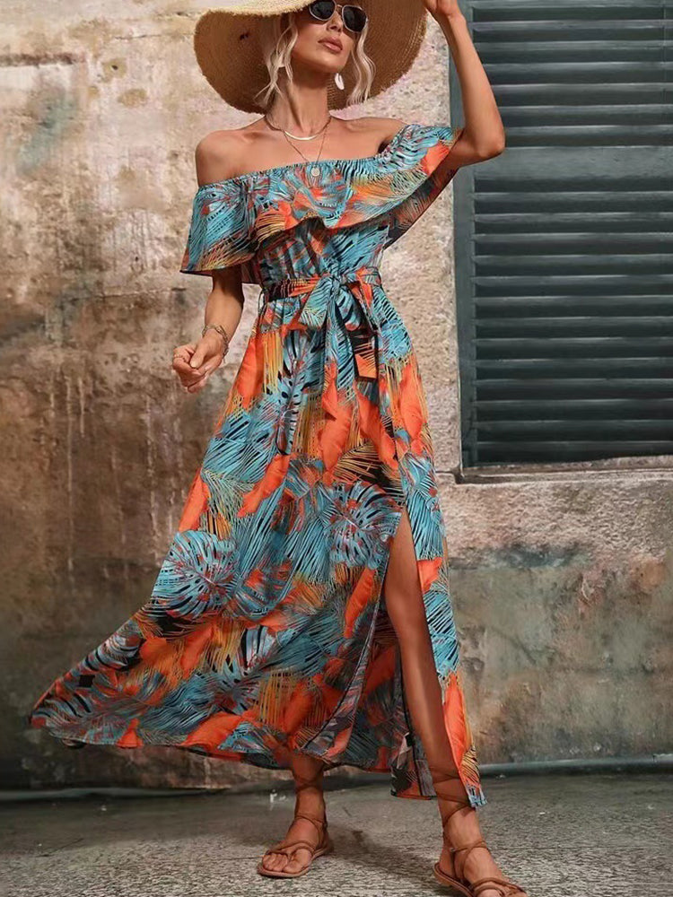 Angela Backless Off Shoulder Slit Boho Maxi Dress