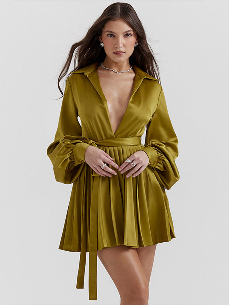 Chantal Satin Pleated Sexy Shirt Dress