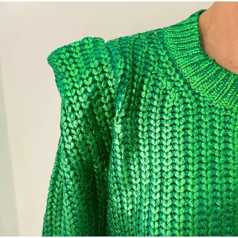 Mary O Neck Shiny Metallic Color Knit Women Sweater