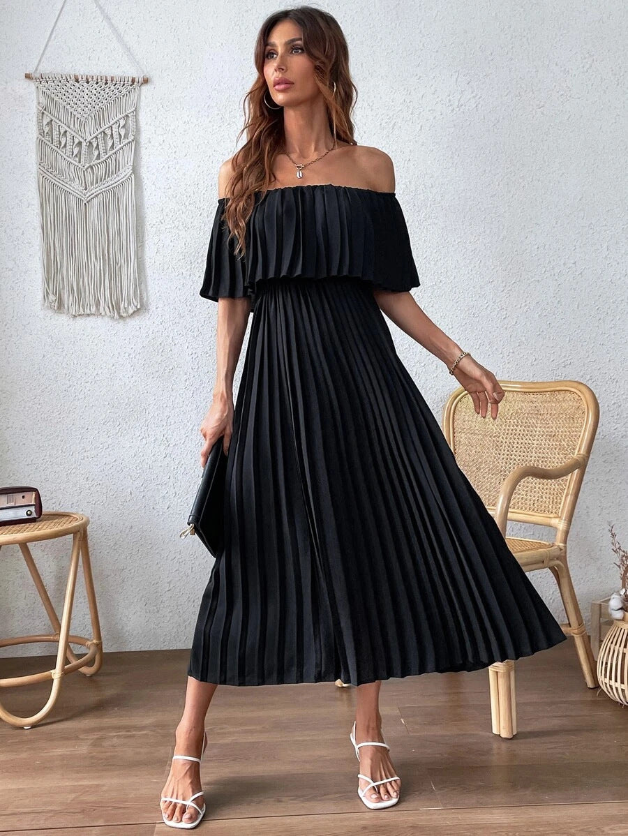 Adriana Pleated Backless Off Shoulder Long Dress